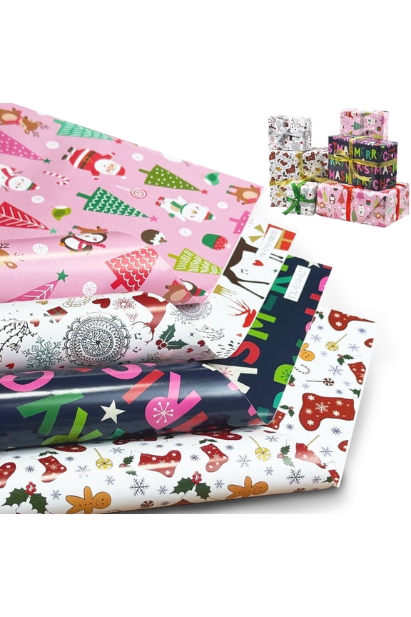 Christmas Wrapping Paper Bundle, Reindeer, Woodlands, Snowflake, Santa, Royal Blue Christmas Celebrating Letter, 30 x 20 Inches 12 Sheets Recycled Holiday Gift Wrapping Paper