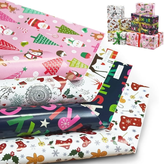 AGCAN Christmas Wrapping Paper Bundle, Reindeer, Woodlands, Snowflake, Santa, Royal Blue Christmas Celebrating Letter, 30 x 20 Inches 12 Sheets Recycled Holiday Gift Wrapping Paper