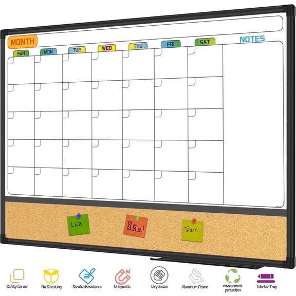 AGCAN Dry Erase White Board 35" x 23" Monthly Calendar with Cork Board Wall Mount Big Magnetic Bulletin Combination Board