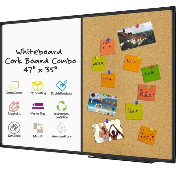 AGCAN Half Cork Board White Dry Erase Bulletin Combination Board 47" x 35" Magnetic Corkboard Combo with Black Frame