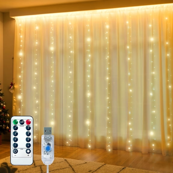 AGCAN 300 LED Curtain String Lights, Fairy Lights with Remote Control, 8 Modes USB Powered, Waterproof Hanging Lights for Bedroom Wall Window, Christmas Wedding Party Decor, Warm White