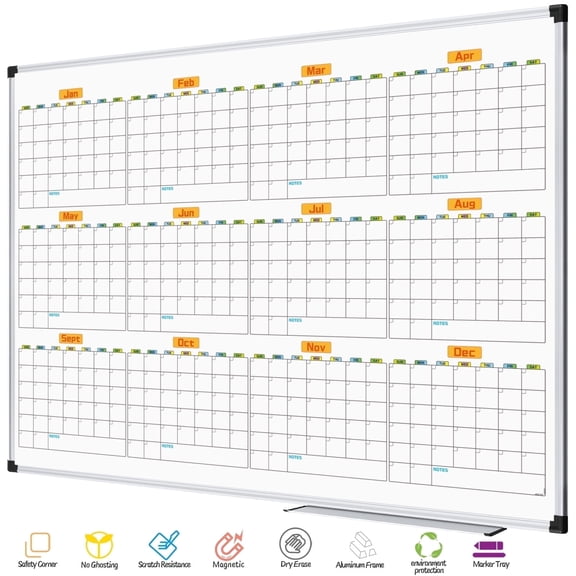 AGCAN Extra Large 12 Monthly Calendar Dry Erase Board 47" x 35" Jumbo Year Calendar White Board Wall Mount