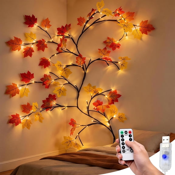 AGCAN Fall Decor Maple Leaf String Lights, 5Ft 72 LED 8 Modes Rattan Maple Leaf Lights Plug in, Thanksgiving Decorations Lights with 12 Branches 48 Leaves for Indoor Outdoor Autumn Harvest Decor