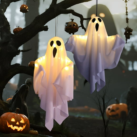 AGCAN Halloween Hanging Ghost Decorations, 2 Pack 19.69" Screaming Ghosts with 3 Lighting Modes for Outdoor Yard Tree Porch Garden Party Holiday Decor