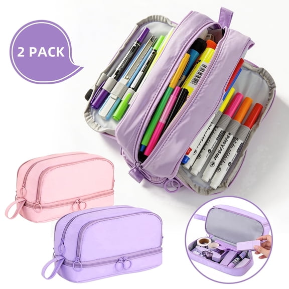 AGCAN Large Pencil Case, 2Pcs High Capacity Pencil Pouch with 4 Compartments, Aesthetic Pencil Bag with Zipper for Teen Girls, School Supplies, Pink & Purple