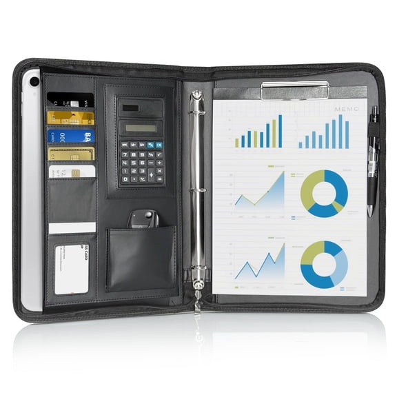 AGCAN Padfolio Portfolio with Zipper, Black Vegan Leather Business 3 Ring Binder Binder, Protective 10.1 Inch Tablet Sleeve, Solar Calculator, Business Card Storage Included Letter Sized Writing Pad