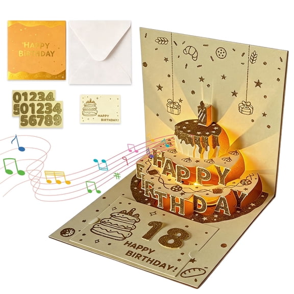 AGCAN Pop Up Birthday Card, LED Lights Birthday Cards with Number Stickers, Musical Birthday Gifts for Women, Men, Mom, Dad