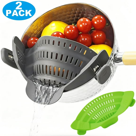 AGCAN Silicone Pasta Strainer Clip-On for Pots and Pans, 2 Pack Snap N Heat Resistant Colander, Adjustable Drainer for Cooking, Grey Green