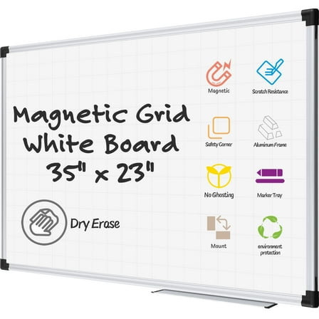 AGCAN Dry Erase Board with Grid 23" x 35" Magnetic Whiteboard 3'x2' Dry White Marker Board