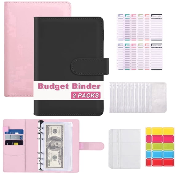 AGCAN 2Pcs Budget Binder, Budget Planner with 12pcs Budget Sheets & 12pcs Zipper Envelopes, A6 Money Saving Binder with Stickers for Managing Budgets and Saving Money