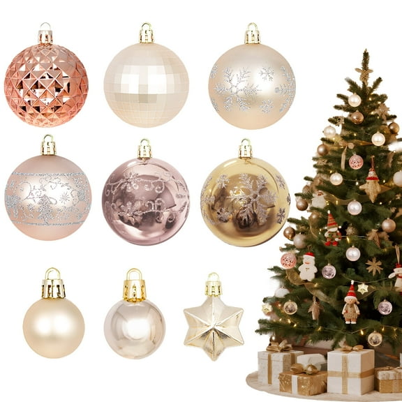 AGCAN 44Pcs Christmas Tree Ball Ornaments Set, Champagne Gold Assorted Shaped Shatterproof Hanging Balls for Birthday Halloween Xmas Holiday Wedding Party Decorations