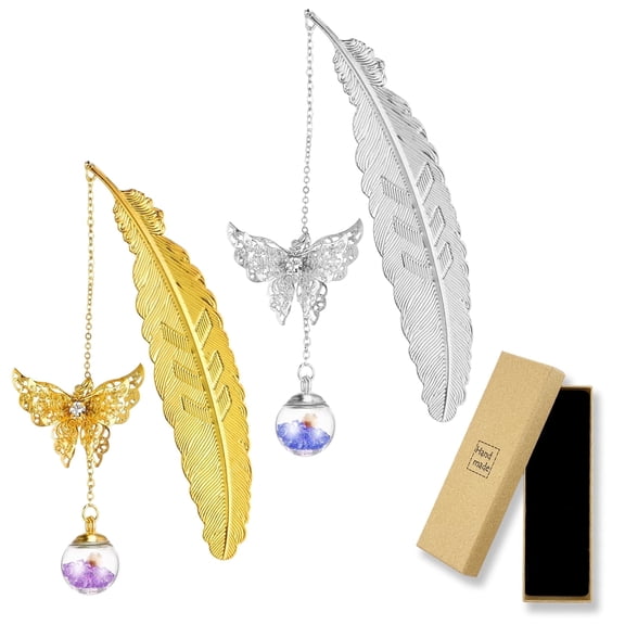 AGCAN Metal Feather Bookmark with Butterfly Charm, 2 Pack, Elegant Gifts for Women Mom Teachers Book Lovers Valentine's Day Birthday Holiday Gift Box