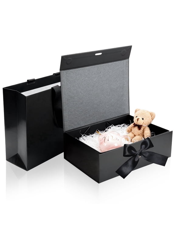 Large Black Gift Box with Lid, 11.4×8.7×4.1 inches Magnetic Closure Gift Box with Ribbon and Gift Bag for Valentine's Day Wedding Proposal Birthday New Year Presents