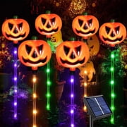 AGCAN Solar Halloween Pumpkin Pathway Stake Lights - 6 Connected Jack-O-Lantern Lights, 8 Lighting Modes, 6-12H Long-Lasting Glow, Waterproof Outdoor Yard Garde