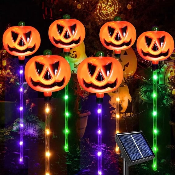 AGCAN Solar Halloween Pumpkin Pathway Stake Lights - 6 Connected Jack-O-Lantern Lights, 8 Lighting Modes, 6-12H Long-Lasting Glow, Waterproof Outdoor Yard Garden Party Decor