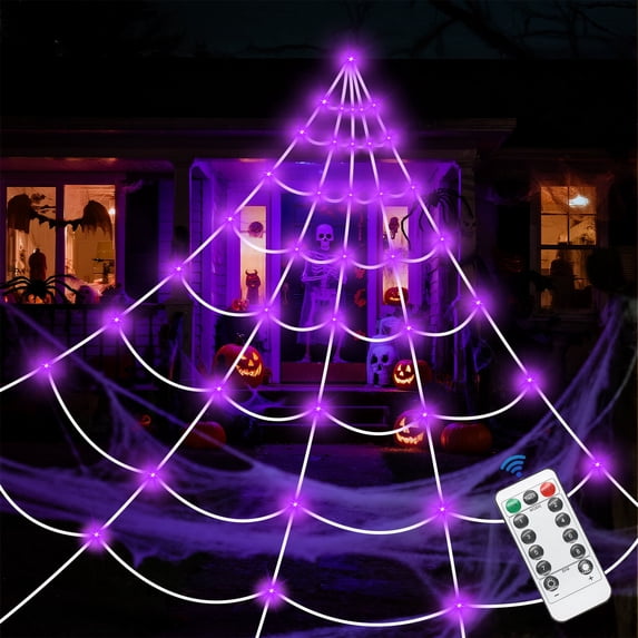 AGCAN Halloween Decorations Spider Web Lights, 23 x 16.4 FT Triangular Giant White Spider Web with 8 Lighting Modes Purple Lights, Waterproof Halloween Decor for Yard Outside
