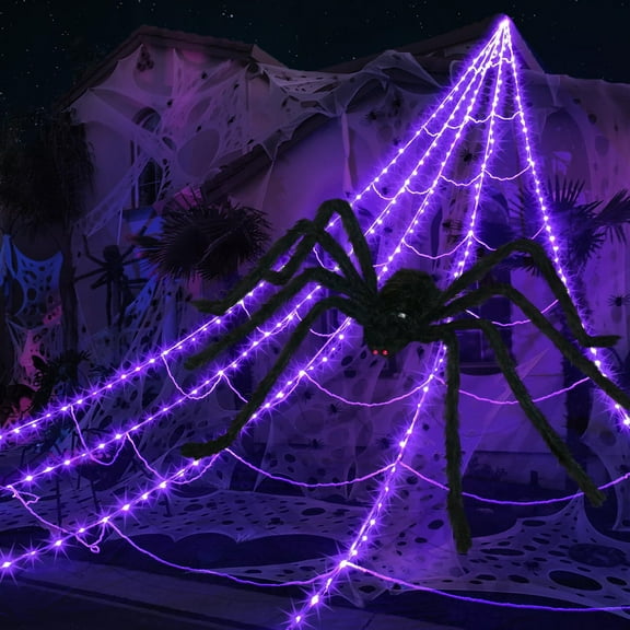 AGCAN Halloween Decorations Spider Web Lights, 23 x 16.4 FT Triangular Giant White Spider Web with 8 Lighting Modes Purple Lights, Waterproof Halloween Decor for Yard Outside