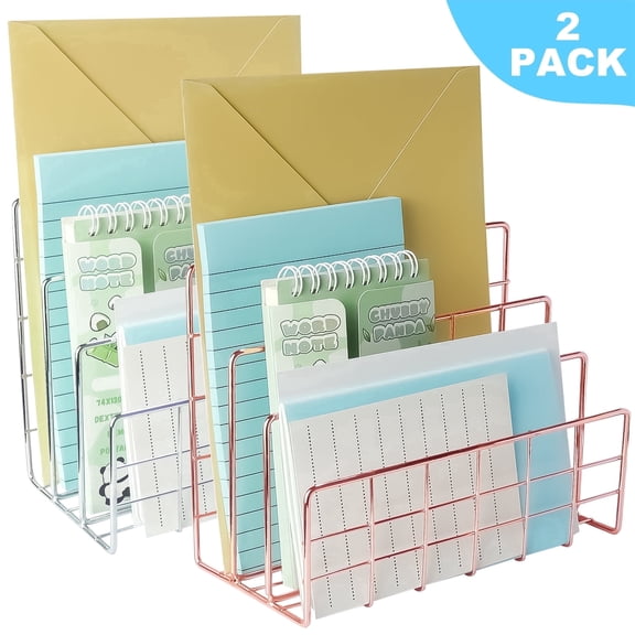 AGCAN 2 Pack Mail Organizer, Large Mail Holder for Desk with 3-Slot, Metal Grid Mail Sorter for Letters, Mails, Books, Postcards, Brochures, Rose Gold, Sliver