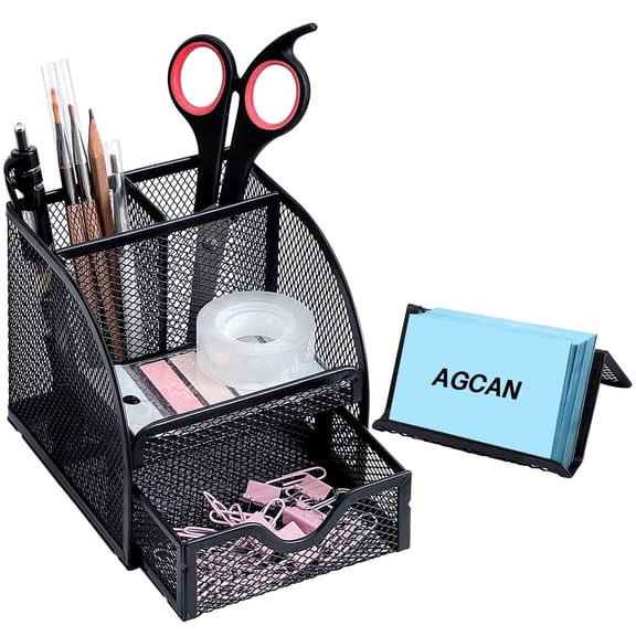AGCAN Mesh Desk Organizer, Pen Holder for Desk with 4 Compartments, Desk Accessories & Workspace Organizers with Business Card Stand for Home, Classroom, Office, Black