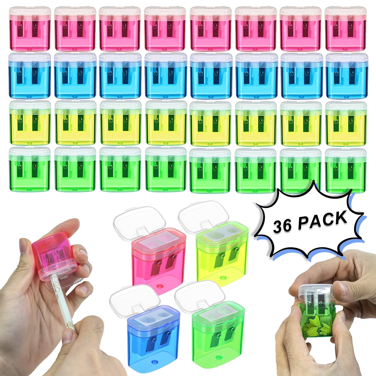 Color Changing Sharpener AGCAN 36 Pcs Manual Pencil Sharpener with Lid, Dual Holes Assorted ...