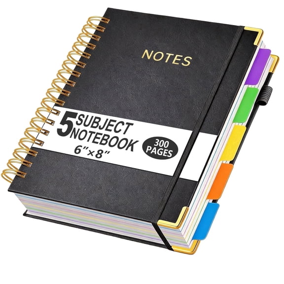 AGCAN Lined Spiral Journal Notebook, 5.7"x 8.2" 5 Subject Notebook with Removable Dividers & Tabs, 150 Sheets College Ruled Notebook for Women, Men, Office, School, Black