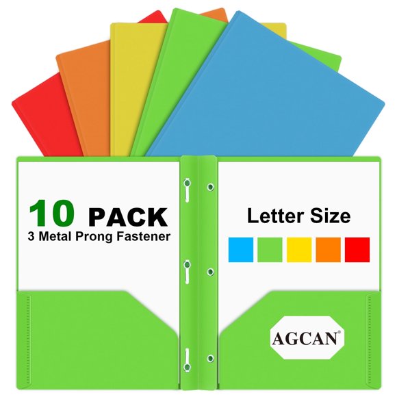 AGCAN 10 Pack Plastic 2 Pocket Folders with 3 Prongs, Assorted Colors 3-Clasp Folders with Fasteners for Office and Classroom Docments, Letter Size