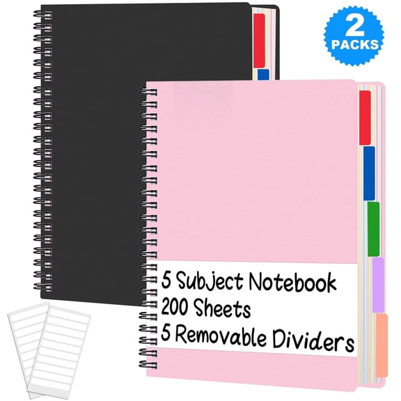 AGCAN 2Pcs Spiral Notebook, 8.5" x 10.5" Large Journal Notebook with Removable Dividers & Tabs, 150 Sheets College Ruled Notebook for Work,  Black & Pink