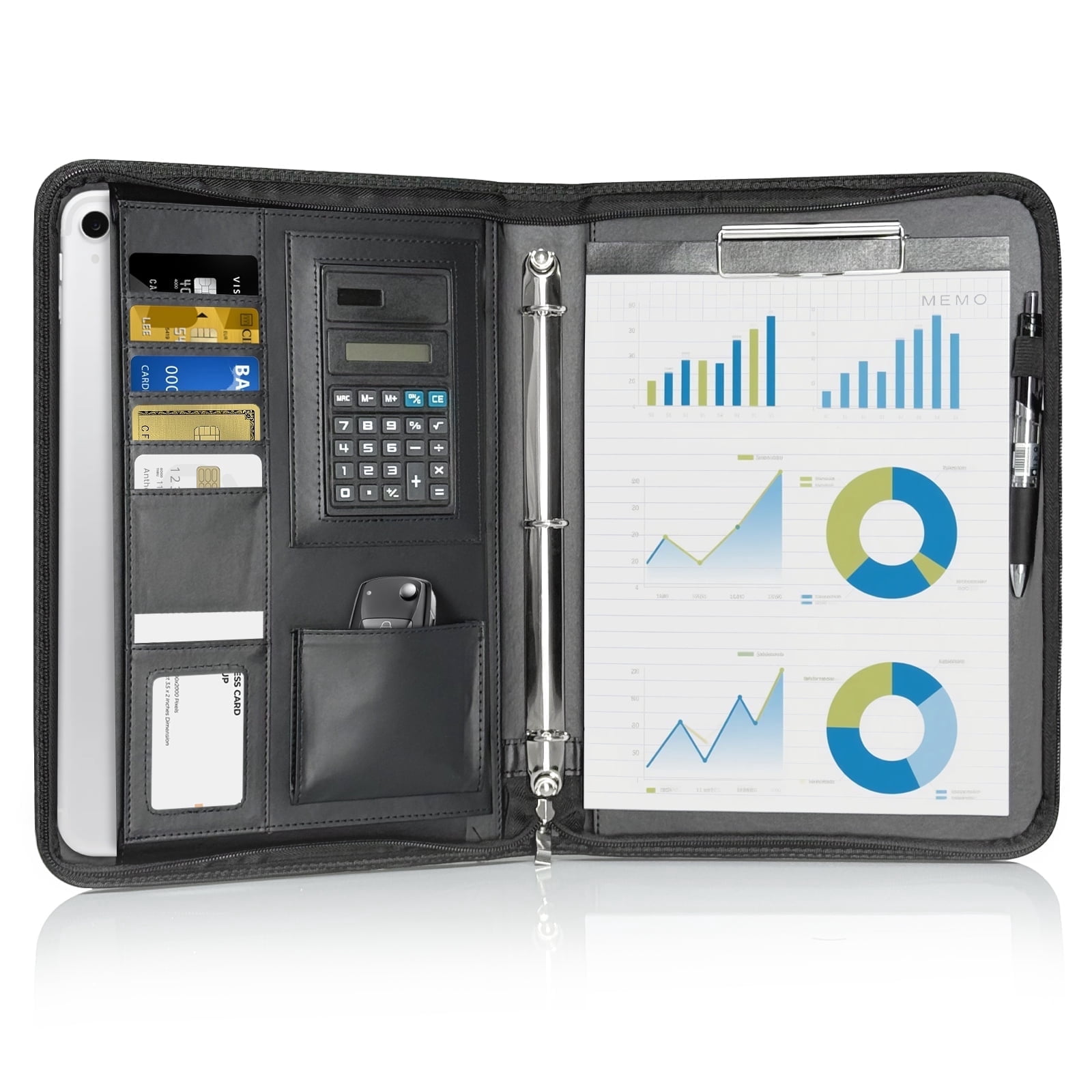 AGCAN Padfolio Portfolio with Zipper, Black Vegan Leather Business 3 Ring Binder Binder, Protective 10.1 Inch Tablet Sleeve, Solar Calculator, Business Card Storage Included Letter Sized Writing Pad