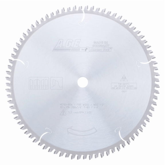 AGE Series MD10-806 Carbide Tipped Heavy Miter 10 Inch D x 80T 4+1 ATB -5 Deg 5/8 Bore Circular Saw Blade