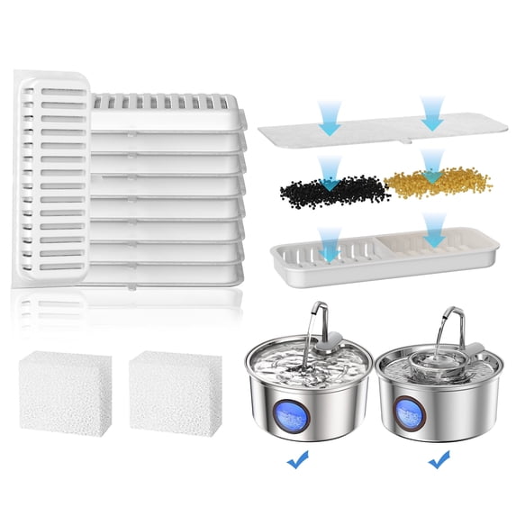 Pet Water Fountain Filters, Compatible with 3.2L/108oz Stainless Steel Cat Water Fountain,10 Filters with 2 Sponges Replacement Set, Multi-Filtration System