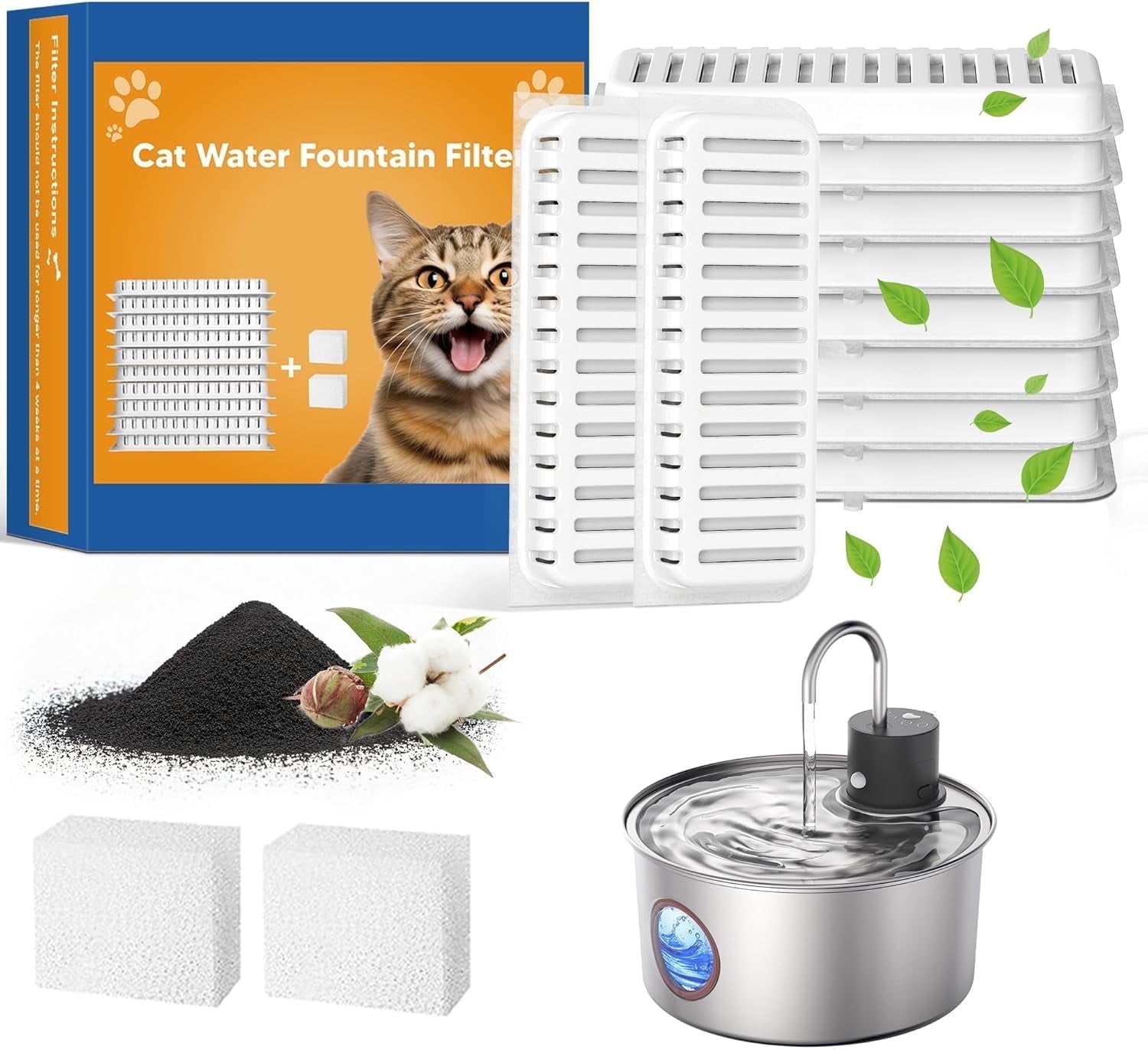 AGEETXT Cat Water Fountain Filters, Replacement Filters for 108oz/3.2L Cat Fountain,10 Packs Filters & 2 Sponges Set for Stainless Steel Pet Water Fountain