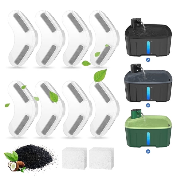AGEETXT Replacement Water Fountain Filters and Sponges, 8 Filters & 2 Sponges Set, Compatible with 8L Large Dog/Cat Water Dispenser, Activated Carbon