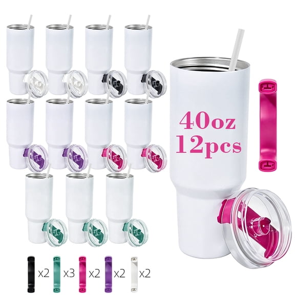 AGH 12 Pack 40 OZ Sublimation Tumbler Blanks with Mixed Color Handle & Plastic Straw, Travel Coffee Cup, 304 Stainless Steel Sublimation Water Bottle, Sublimation Cups, DIY Gift