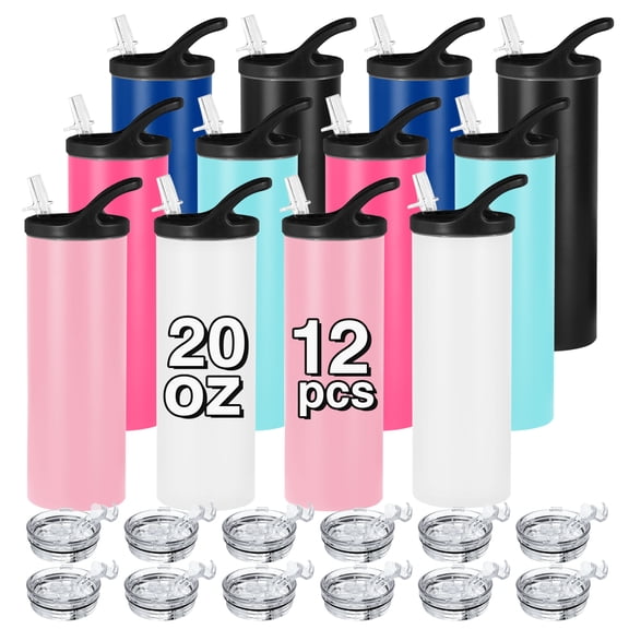 AGH 12Pcs, 20oz 6 Colors Powder Coated Straight Skinny Tumblers With Dual Lids, Stainless Steel Cups With Black Handle Lid And Screw Lids