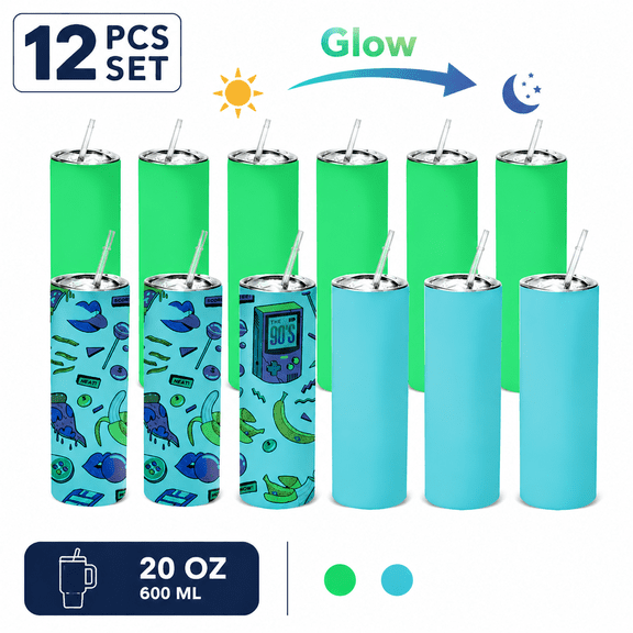 AGH 12pcs Set Of 20oz Straight 304 Stainless Steel Glow In The Dark Sublimation Tumblers With Lids And Straws, Insulated Double Wall Tumblers