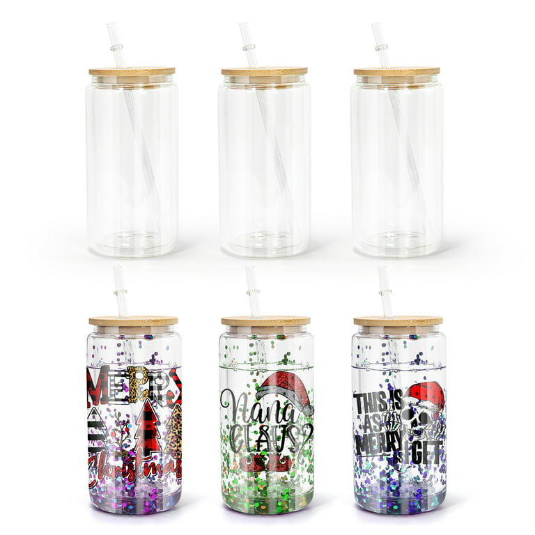 AGH 16oz Sublimation Snow Globe Glass Can Shaped Tumblers with Bamboo Lids  and Straws - 6 Pack, Duble Wall Blank Beer Can Clear Glass Ice Coffee Cups