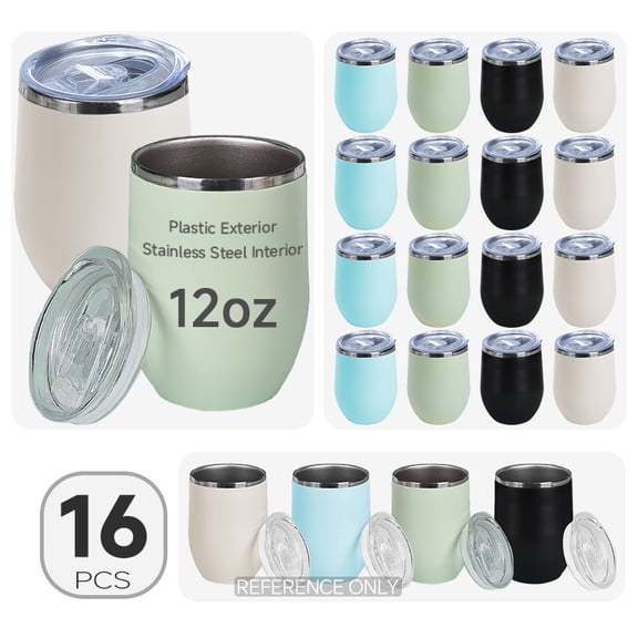 AGH 16pcs, 12oz Egg Wine Mug (Plastic Exterior, 304 stainless Steel Interior) With Plastic Lids , Mix Colors Pack, Perfectly For Party And Holiday Events, Valentines Gift,best gift for birthday