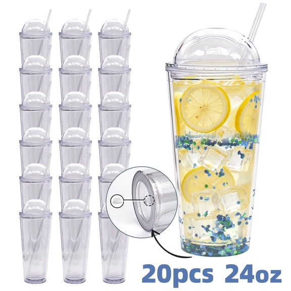 AGH 20pcs, 24oz DOME Lids Snow Globe Acrylic Tumbler, 24oz double wall clear plastic cup reusable plastic acrylic tumbler cup with pre drilled hole and plug good quality 24oz plastic cup for drinking