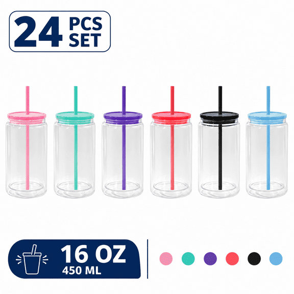 AGH 24Pack Plastic Snow Globe Tumbler, 16 Oz Double Wall Plastic Can with Lid and Straw, Plastic Mason Jar Mug for Snow Globe Glitter DIY Gifts, Assorted Colors