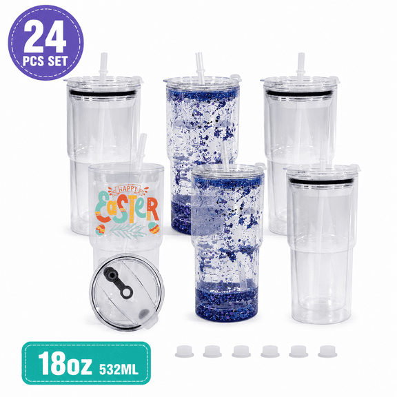 AGH 24Pcs, 18oz Double Wall Snowglobe Plastic Cups With Straw And Lid, Pre-drilled Plastic Tumblers With Plug, Clear Plastic Cups