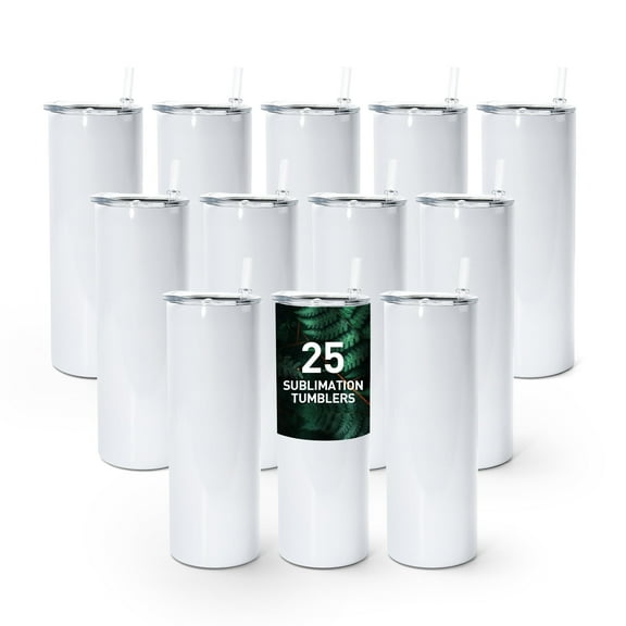 AGH 25 Pack 20oz Sublimation Tumblers Straight Skinny Tumblers Bulk, Stainless Steel White Insulated Tumbler with Lids & Straws