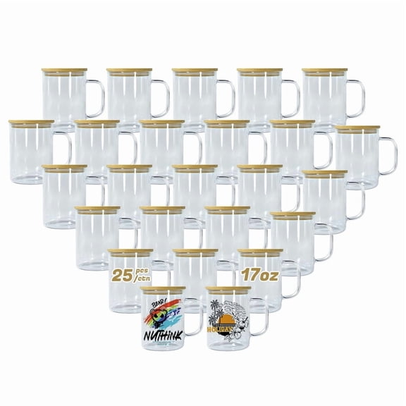 AGH 25 Pack Sublimation Glass Cup with Handle 17oz Clear Sublimation Blank Beer Can Tumblers with Bamboo Lid and Straw for heat press