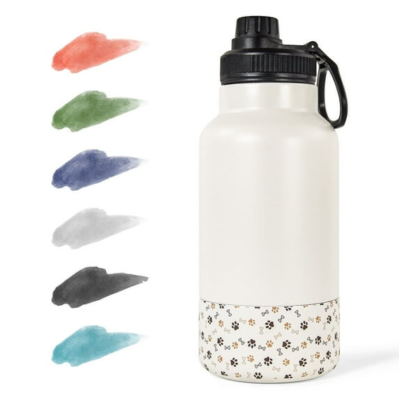 AGH 32oz Water Bottle with Detachable Bowl, Portable Dog Water Bottle Food Feeding, Double Wall Vacuum Flask Stainless Steel Dog Travel Water Bottle for Walking and Hiking, White