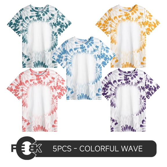 AGH 5pcs Sublimation Blank Colorful Bleached Faux Crewneck T-Shirt, Single Size Mix Colors Pack, Leopard Sports Hot Fashing Design Base Stripe Shirts for Heat Transfer Print
