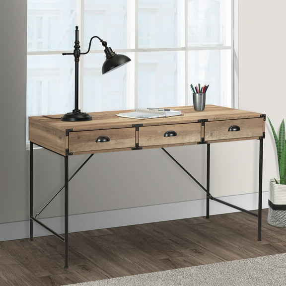 AGHDECO Adult Modern Rectangular Portable Writing Desk with 3 Box Drawers, Storage, Rustic Oak/Black