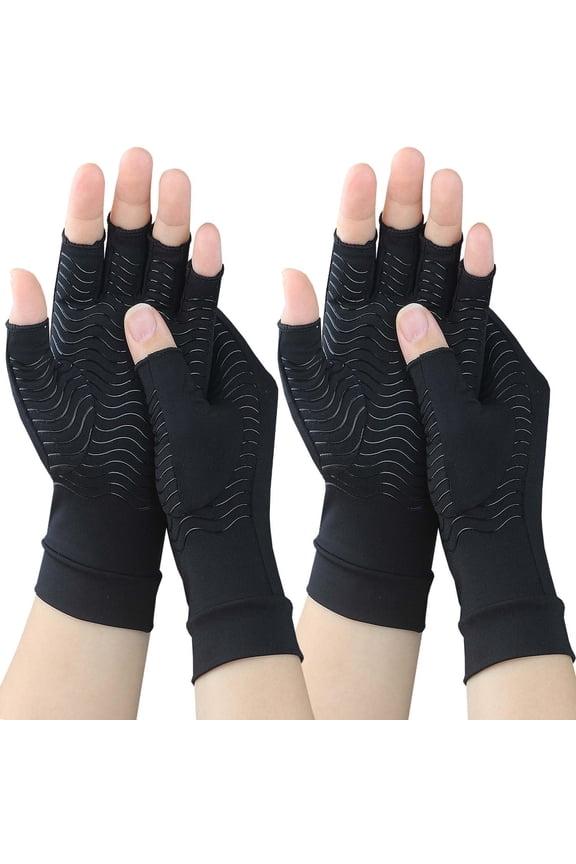 AGIA 2 Pairs Copper Arthritis Compression Gloves for Women Men Fingerless Hand Compression Gloves for Typing, Driving and Work