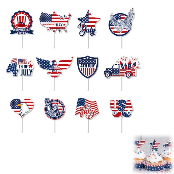 Agiufgs Patriotic Cupcake Toppers 12, Assorted American Flag Bald Eagle Usa Map 4th of July, for Independence Day Party, Multicolor