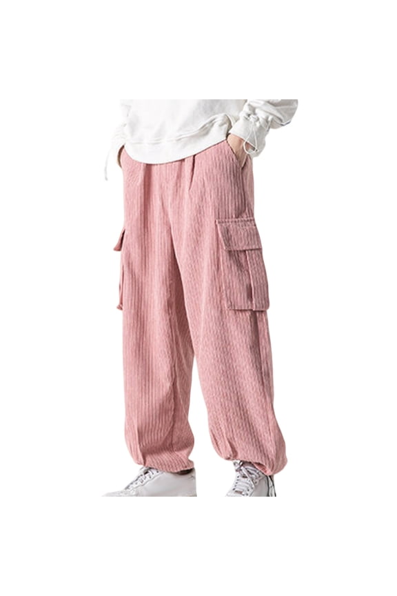 Men Solid Color Cargo Pants Elastic Waist Straight Leg Wide Leg Big Pockets Loose Fashion Work Trousers for Male Outdoor