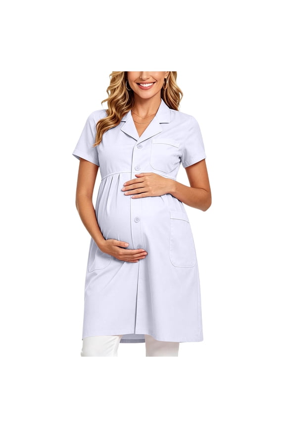 Summer Dresses for Women Maternity Dress Plus Size Short Sleeve Multi Pocket Uniform White Coat Healthcare Work Wear for Pregnant Women