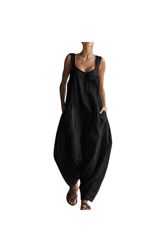 Women Casual Suspender Jump Loose able Long Pants with Multiple Pockets Overalls Romper